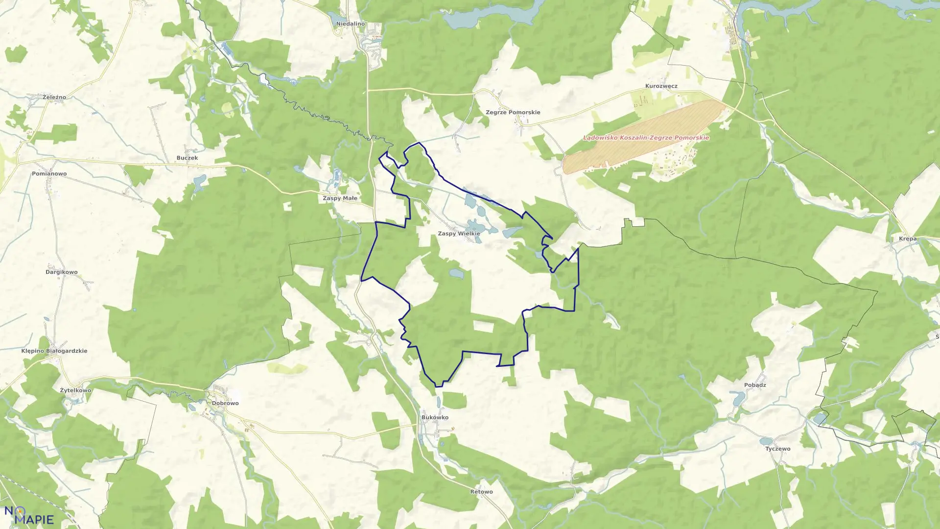 Mapa obrębu Zaspy Wielkie w gminie Tychowo